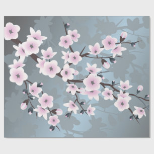 Dusky Pink Grayish Blue Cherry Blossoms Floral Wrapping Paper