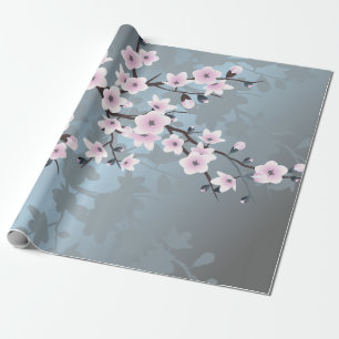 Dusky Pink Grayish Blue Cherry Blossoms Floral Wrapping Paper