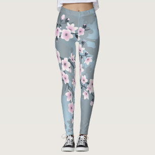 Dusky Pink Grayish Blue Cherry Blossoms Leggings