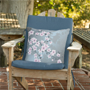 Dusky Pink Grayish Blue Cherry Blossoms Outdoor Cushion