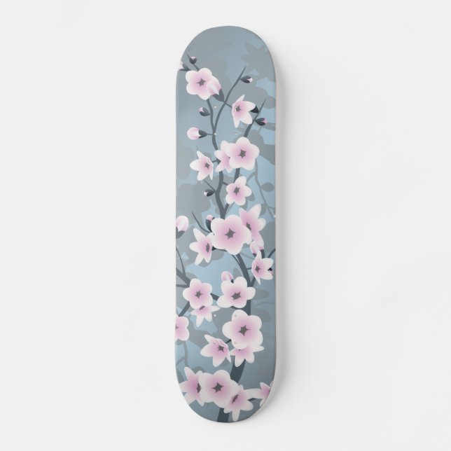 Dusky Pink Grayish Blue Cherry Blosssom Skateboard (Front)