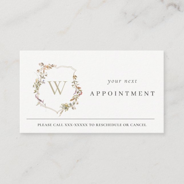 Dusky Pink Wildflower Monogram Crest Appointment Business Card (Front)