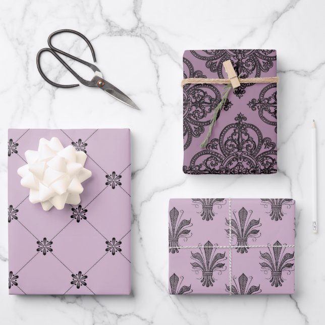 Dusky Purple and Black Paris themed Wrapping Paper Sheet (Front)