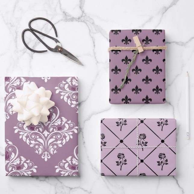 Dusky Purple and Black Paris themed Wrapping Paper Sheet (Front)