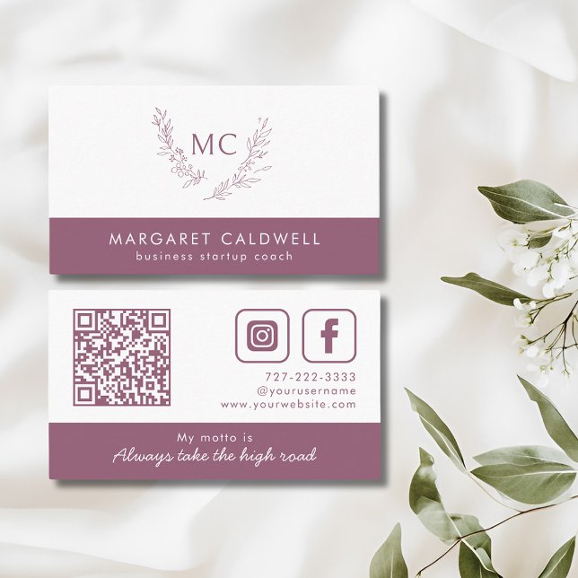 Dusky Purple Monogram Wreath Business Card (Dusky Purple Monogram Wreath Social Media Business Card)