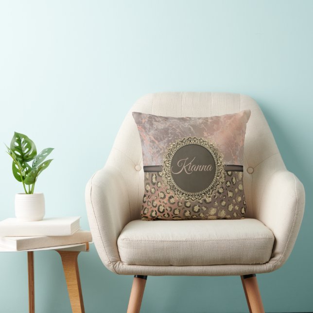 Dusky Rose Marble Glittery Leopard Cushion (Chair)