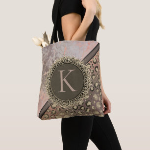 Dusky Rose Marble Glittery Leopard Monogram Tote Bag