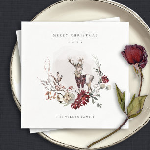 Dusky Stag Marsala Foliage Wreath Merry Christmas Napkin
