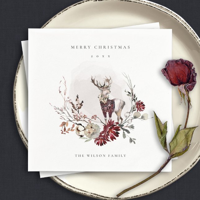 Dusky Stag Marsala Foliage Wreath Merry Christmas Napkin (Creator Uploaded)