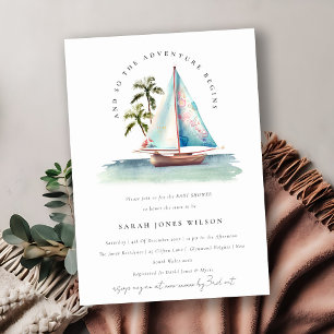 Dusky Teal Sailboat Palm Seascape Baby Shower Invitation