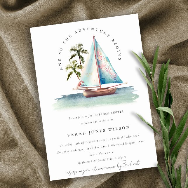 Dusky Teal Sailboat Palm Seascape Bridal Shower Invitation (Creator Uploaded)