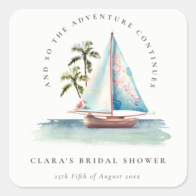 Dusky Teal Sailboat Palm Seascape Bridal Shower Square Sticker (Front)