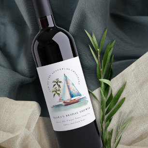 Dusky Teal Sailboat Palm Seascape Bridal Shower Wine Label