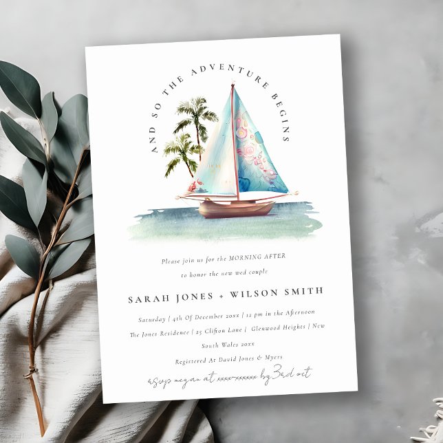Dusky Teal Sailboat Palm Seascape Morning After Invitation (Creator Uploaded)