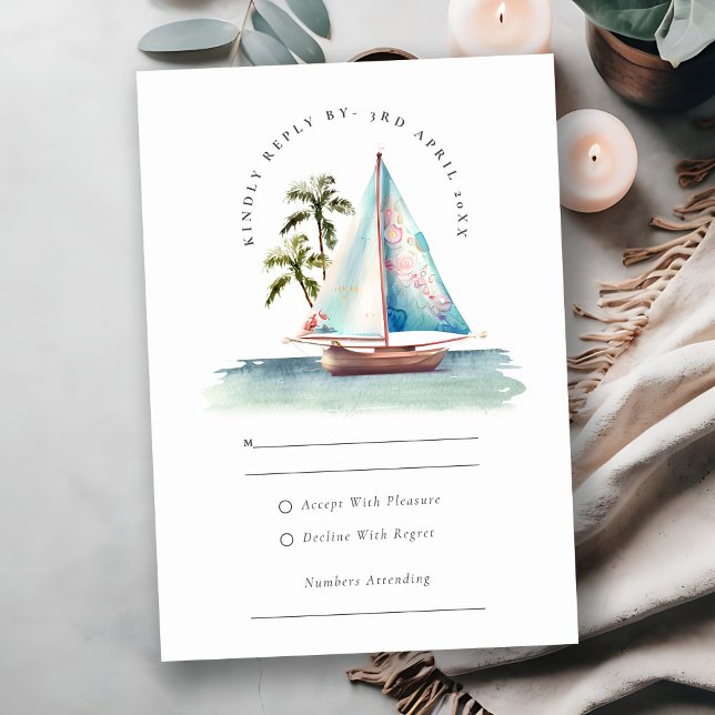 Dusky Teal Sailboat Palm Trees Seascape Wedding RSVP Card (Creator Uploaded)