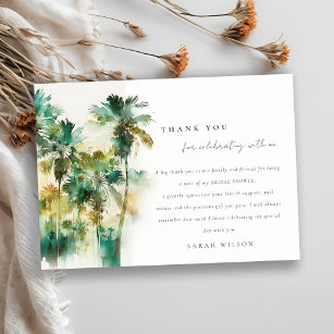Dusky Tropical Watercolor Palm Trees Bridal Shower Thank You Card