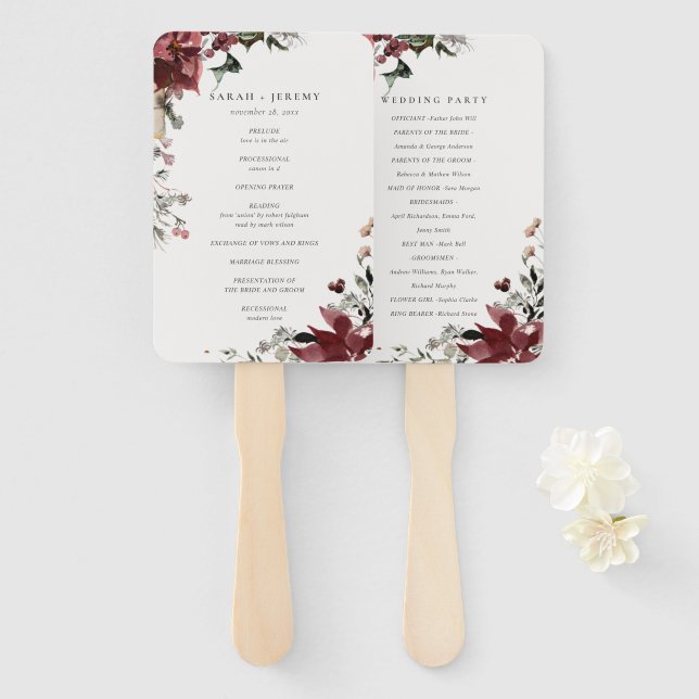 Dusky Warm Winter Festive Foliage Wedding Program Hand Fan (Front and Back)
