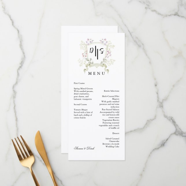 Dusky Wildflower Monogram Crest Wedding Menu (Front/Back In Situ)