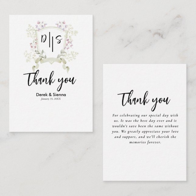 Dusky Wildflower Monogram Crest Wedding Note Card (Front/Back)