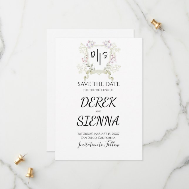 Dusky Wildflower Monogram Crest Wedding Save The Date (Front/Back In Situ)