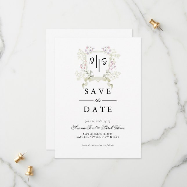 Dusky Wildflower Monogram Crest Wedding Save The Date (Front/Back In Situ)