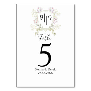 Dusky Wildflower Monogram Crest Wedding Table Number