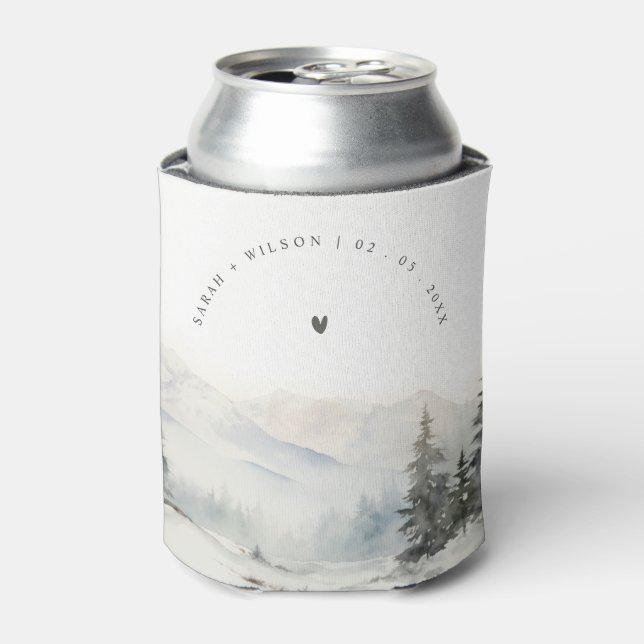 Dusky Winter Snow Mountain Landscape Wedding Can Cooler (Can Front)