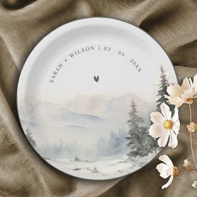 Dusky Winter Snow Mountain Landscape Wedding Paper Plate (Creator Uploaded)