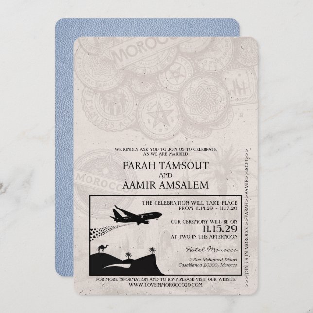 Dusrty Blue Morocco Passport Wedding Invitation (Front/Back)
