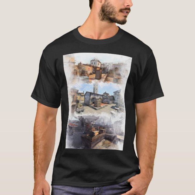 Dust 2 Inferno and Overpass Watercolour CSGO Map P T-Shirt (Front)
