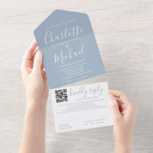 Dust Blue Elegant Modern Script QR Code Wedding All In One Invitation