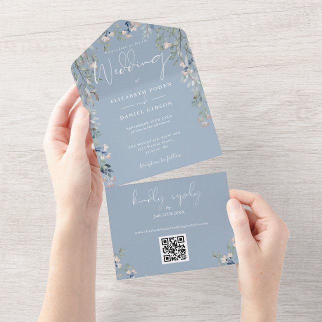 Dust Blue Floral Greenery Script QR Code Wedding All In One Invitation (Tearaway)