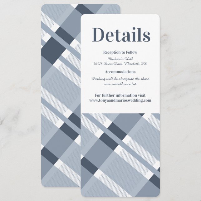 Dust Blue Navy Plaid Modern Wedding Details Invitation (Front/Back)