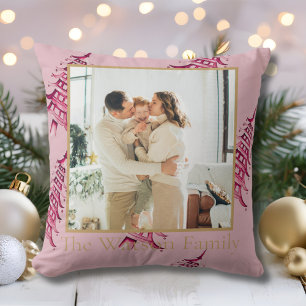 Dust pink red Pagoda Merry Christmas Tree 1-Photo Cushion