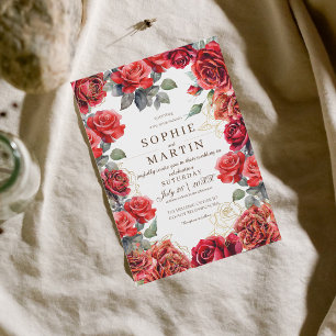 Dust Red Roses Gold Flower Wedding  Invitation