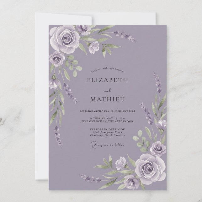 Dusty Amethyst Leafy Wedding Invitation (Front)