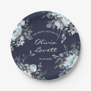 Dusty and Navy Blue Botanical Floral Bridal Shower Paper Plate