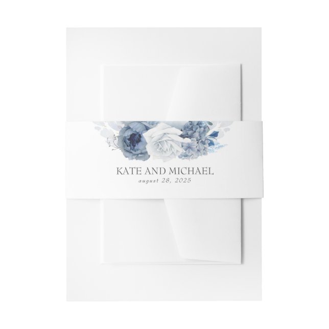 Dusty And Navy Blue Floral Wedding Invitation Belly Band (Front Example)
