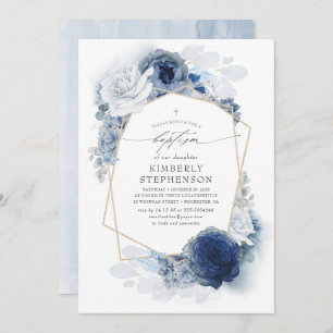 Dusty and Navy Blue Flowers Elegant Modern Baptism Invitation