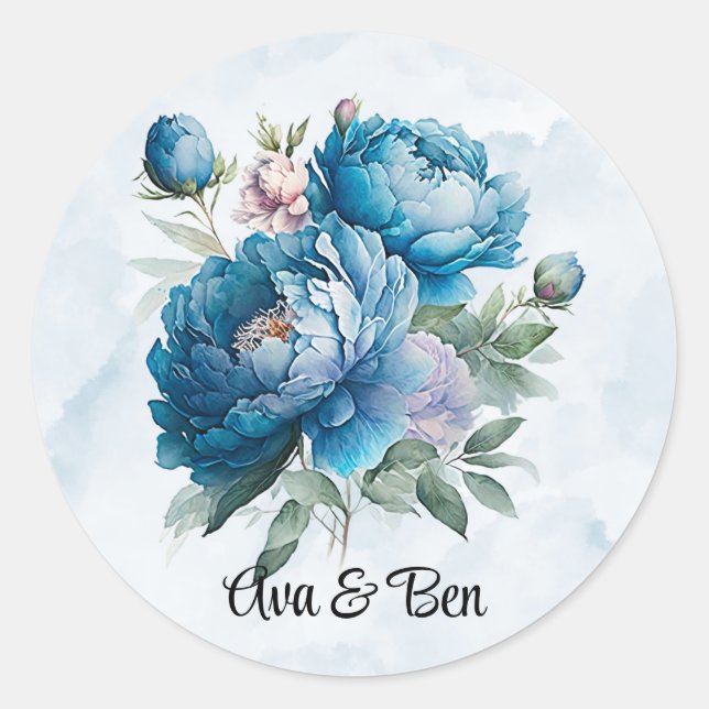 Dusty and Navy Watercolor Peony Wedding Classic Round Sticker (Front)