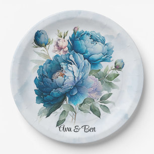 Dusty and Navy Watercolor Peony Wedding Paper Plate