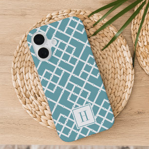 Dusty Aqua Bamboo Lattice Pattern Monogram iPhone 16 Case