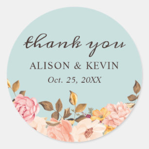 Dusty Aqua Blue ft. Blush Floral Thank You Classic Round Sticker
