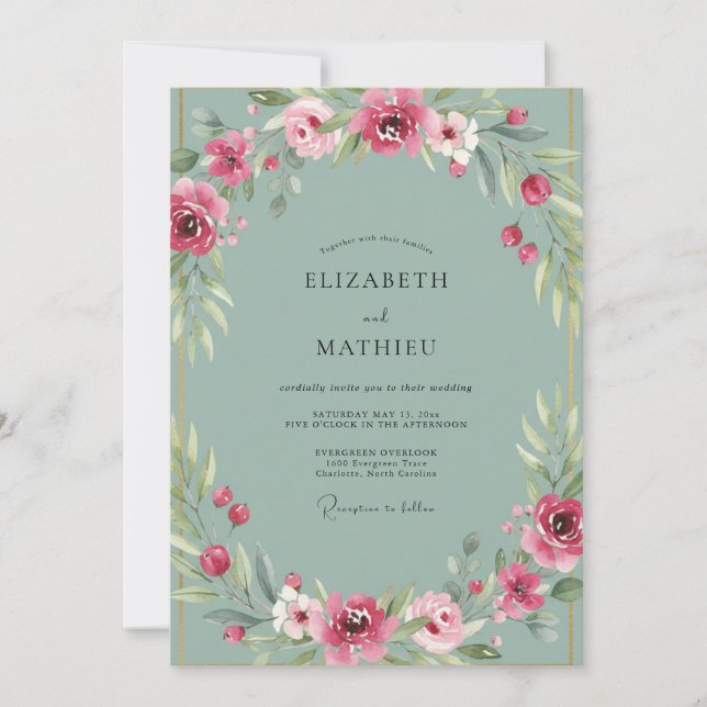 Dusty Aqua Ranunculus Eucalyptus Wedding Invitation (Front)