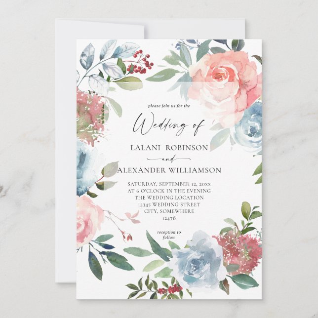 Dusty Baby Blue & Pink Blush 2 Floral Wedding Invi Invitation (Front)
