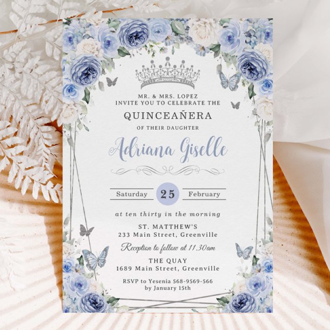 Dusty Baby Blue White Floral Silver Quinceañera 16 Invitation (Creator Uploaded)