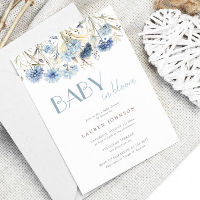 DUSTY Baby in Bloom Blue Beige Baby Shower Invitation (Creator Uploaded)