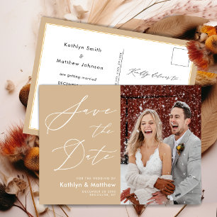 Dusty Beige Elegant Script Wedding Save The Date Announcement Postcard
