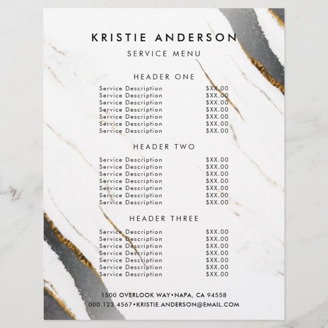 Dusty Black Gold White Marble Pricing & Services Flyer (Front)