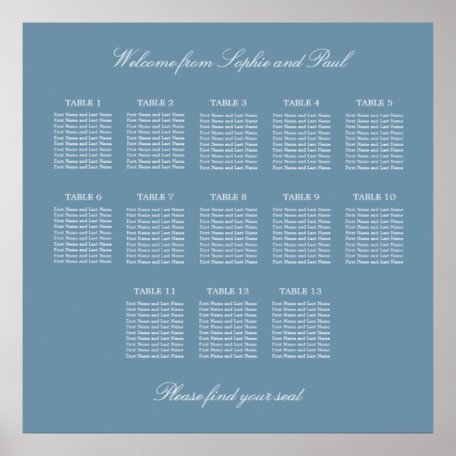 Dusty Blue 13 Table Wedding Seating Chart Poster (Front)